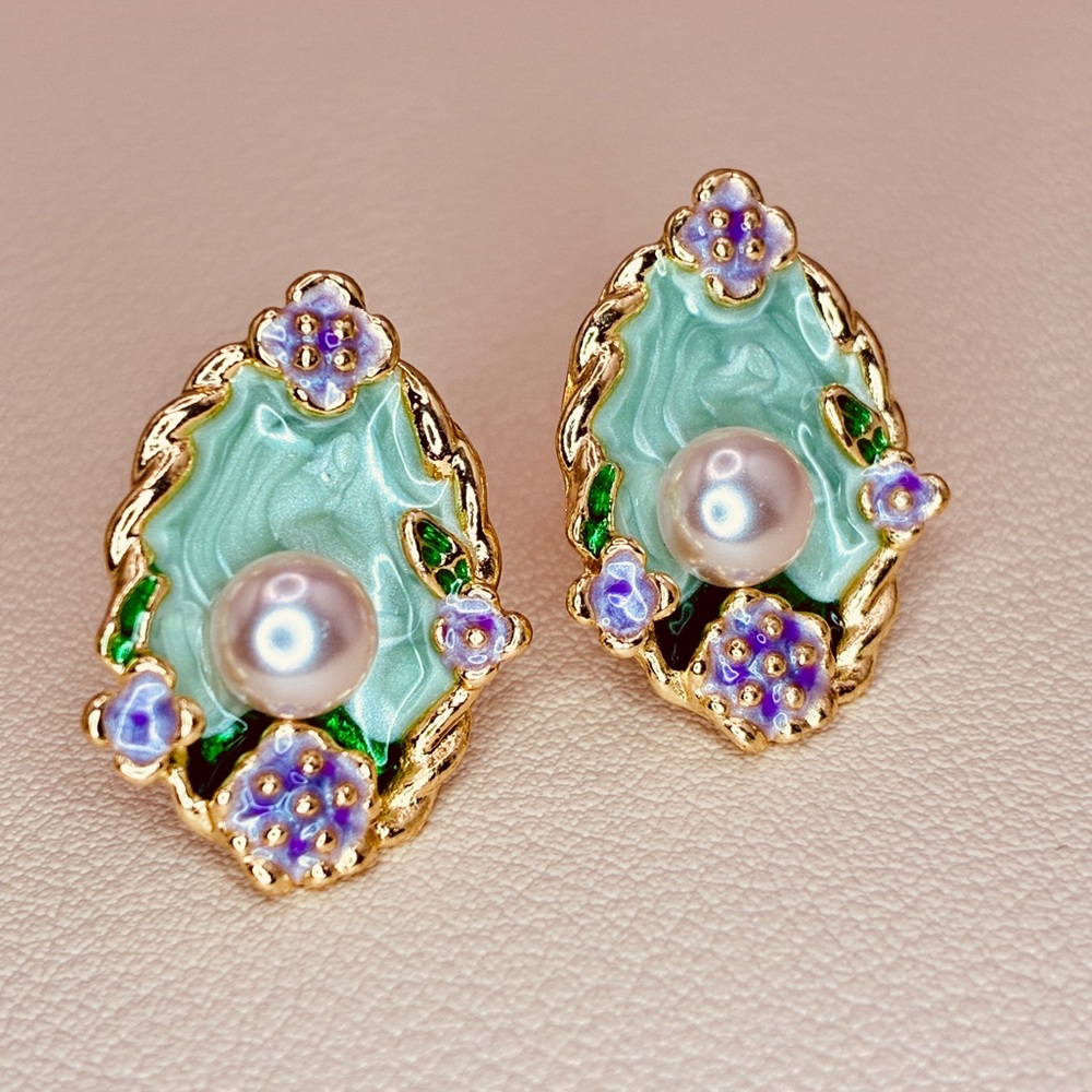 Gold & Green Enamel Antique Floral Pearl Button Stud Earrings